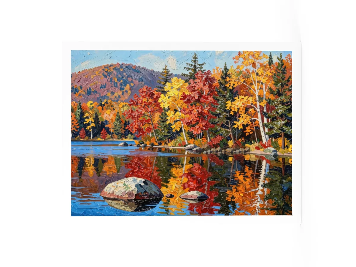 Autumn Shoreline as an 18 by 24 inch framed print in a white frame: red, orange and yellow fall trees and white birches along a calm lake, mirrored in the water, in bold oil-painting brushstrokes.