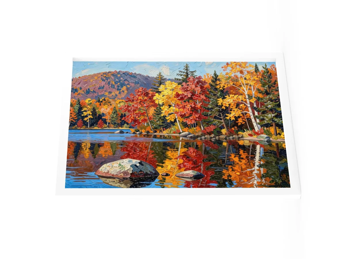 Autumn Shoreline as an 18 by 24 inch framed print in a white frame: red, orange and yellow fall trees and white birches along a calm lake, mirrored in the water, in bold oil-painting brushstrokes.
