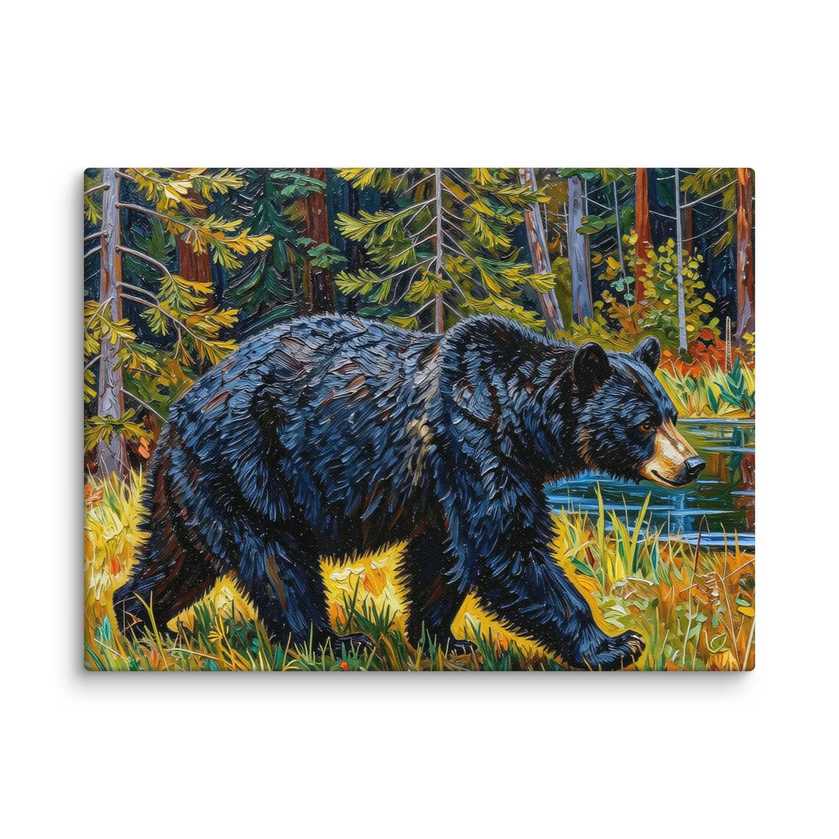 Black Bear at the Edge of the Woods as a 12 by 16 inch canvas: a black bear walking out of the spruce at the edge of a lake through tall grass in evening sun, in bold oil-painting brushstrokes.