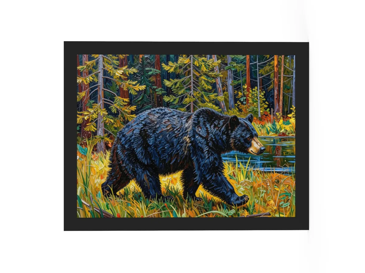 Black Bear at the Edge of the Woods as a 12 by 16 inch framed print in a black frame: a black bear walking out of the spruce at the edge of a lake through tall grass in evening sun, in bold oil-painting brushstrokes.