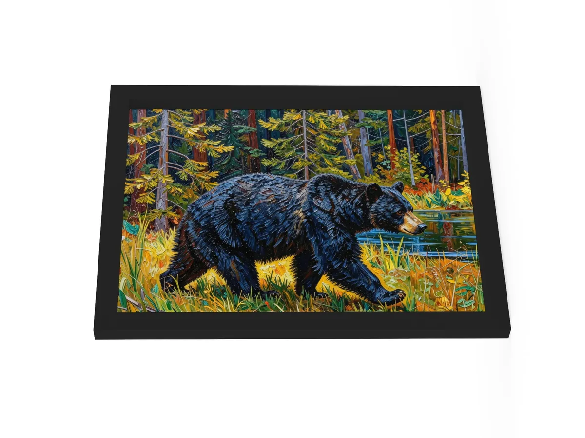 Black Bear at the Edge of the Woods as a 12 by 16 inch framed print in a black frame: a black bear walking out of the spruce at the edge of a lake through tall grass in evening sun, in bold oil-painting brushstrokes.