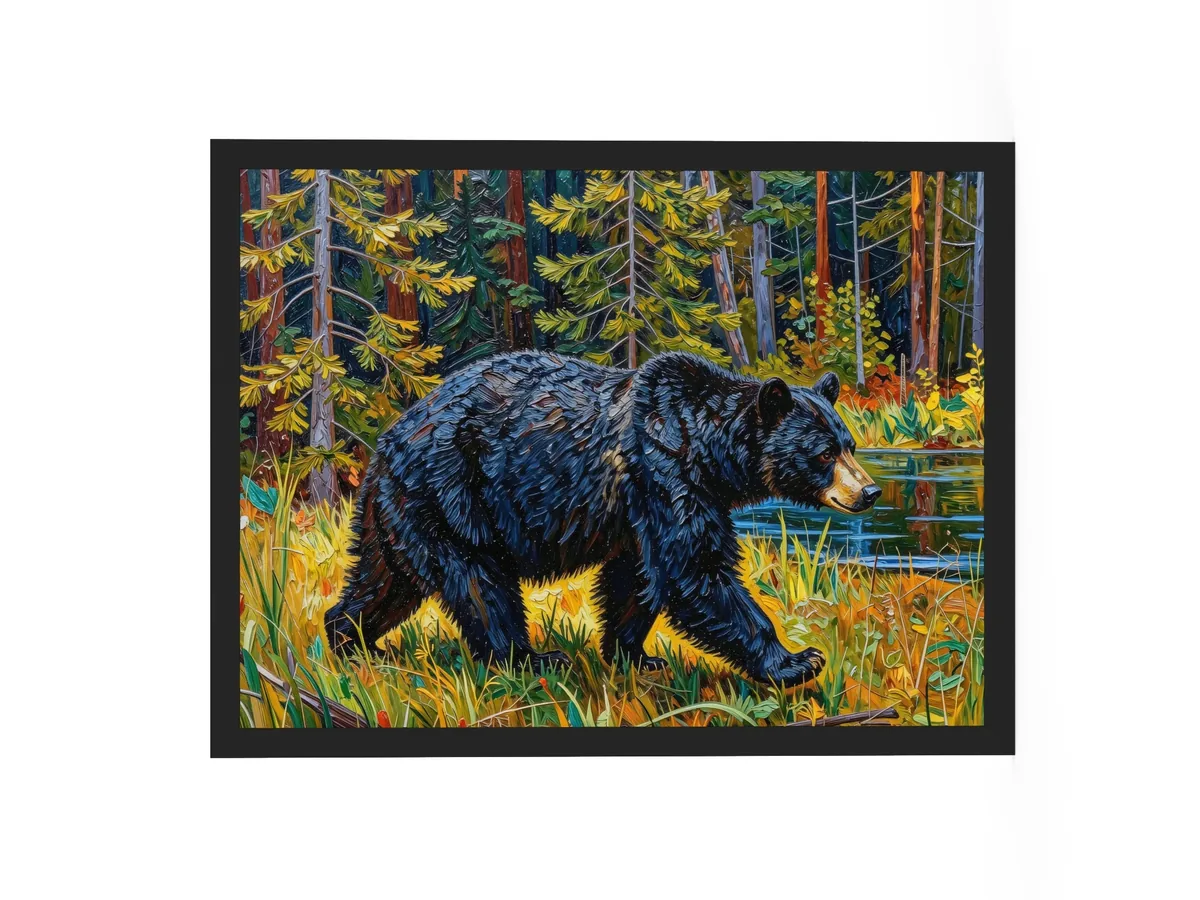 Black Bear at the Edge of the Woods as an 18 by 24 inch framed print in a black frame: a black bear walking out of the spruce at the edge of a lake through tall grass in evening sun, in bold oil-painting brushstrokes.
