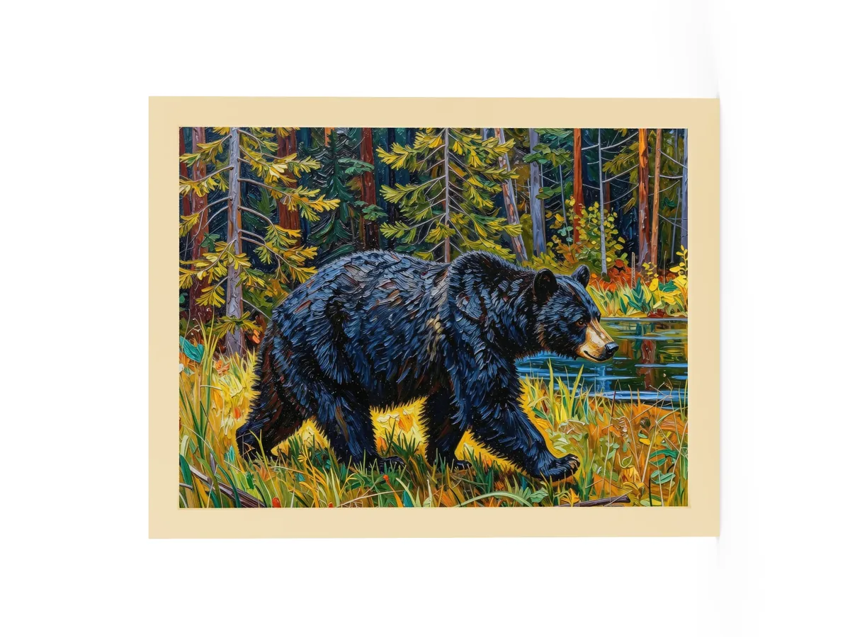 Black Bear at the Edge of the Woods as a 12 by 16 inch framed print in a natural wood frame: a black bear walking out of the spruce at the edge of a lake through tall grass in evening sun, in bold oil-painting brushstrokes.