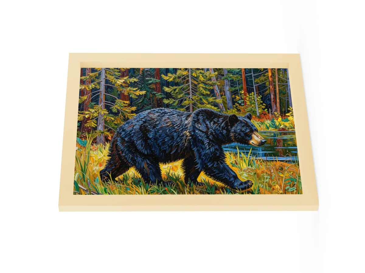 Black Bear at the Edge of the Woods as a 12 by 16 inch framed print in a natural wood frame: a black bear walking out of the spruce at the edge of a lake through tall grass in evening sun, in bold oil-painting brushstrokes.