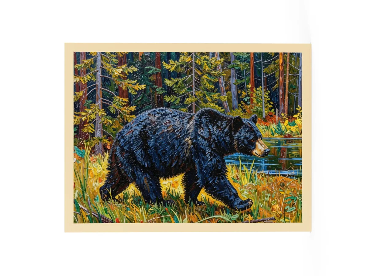 Black Bear at the Edge of the Woods as an 18 by 24 inch framed print in a natural wood frame: a black bear walking out of the spruce at the edge of a lake through tall grass in evening sun, in bold oil-painting brushstrokes.