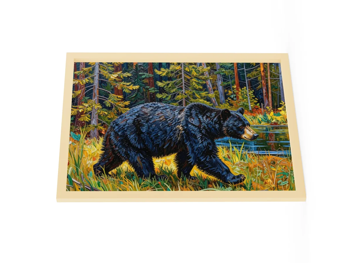 Black Bear at the Edge of the Woods as an 18 by 24 inch framed print in a natural wood frame: a black bear walking out of the spruce at the edge of a lake through tall grass in evening sun, in bold oil-painting brushstrokes.