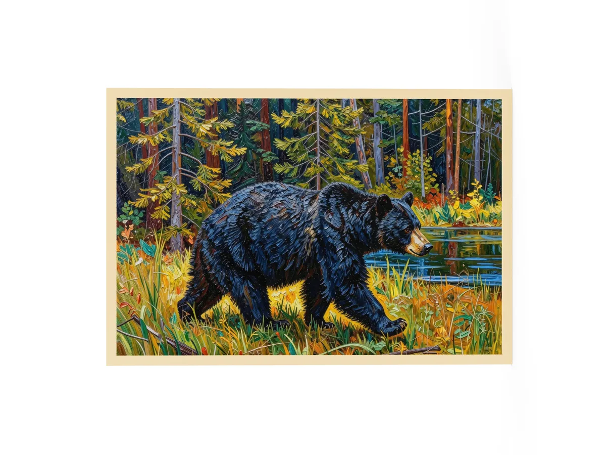 Black Bear at the Edge of the Woods as a 24 by 36 inch framed print in a natural wood frame: a black bear walking out of the spruce at the edge of a lake through tall grass in evening sun, in bold oil-painting brushstrokes.