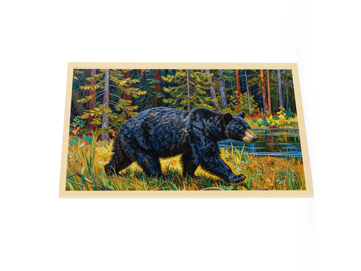 Black Bear at the Edge of the Woods as a 24 by 36 inch framed print in a natural wood frame: a black bear walking out of the spruce at the edge of a lake through tall grass in evening sun, in bold oil-painting brushstrokes.