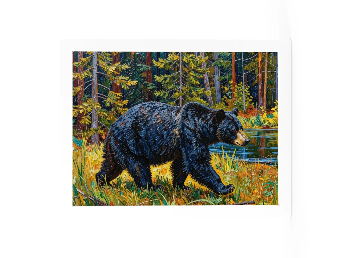 Black Bear at the Edge of the Woods as a 12 by 16 inch framed print in a white frame: a black bear walking out of the spruce at the edge of a lake through tall grass in evening sun, in bold oil-painting brushstrokes.