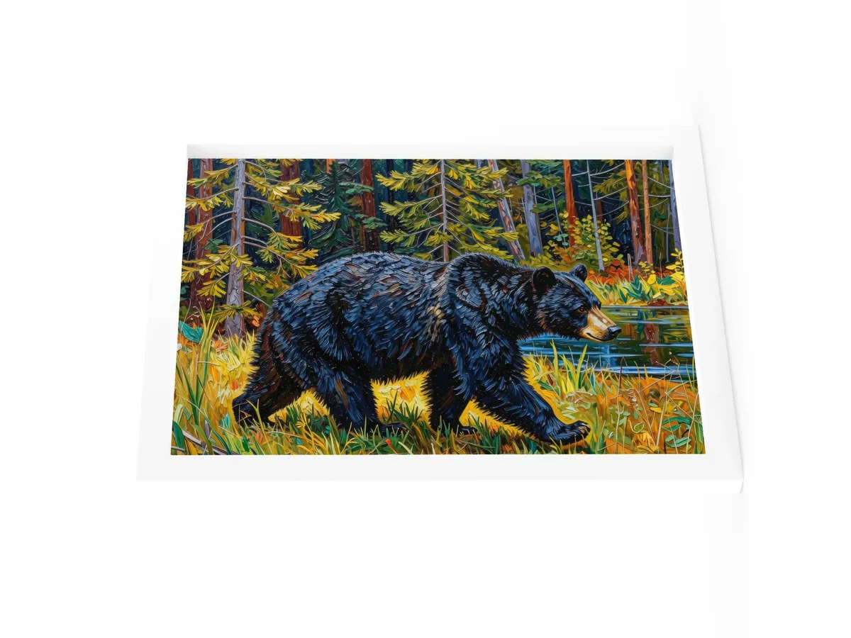 Black Bear at the Edge of the Woods as a 12 by 16 inch framed print in a white frame: a black bear walking out of the spruce at the edge of a lake through tall grass in evening sun, in bold oil-painting brushstrokes.
