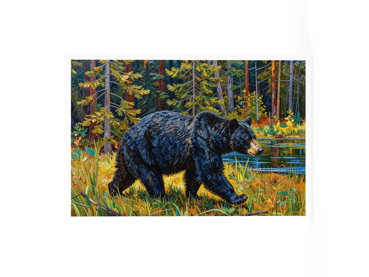 Black Bear at the Edge of the Woods as a 24 by 36 inch framed print in a white frame: a black bear walking out of the spruce at the edge of a lake through tall grass in evening sun, in bold oil-painting brushstrokes.