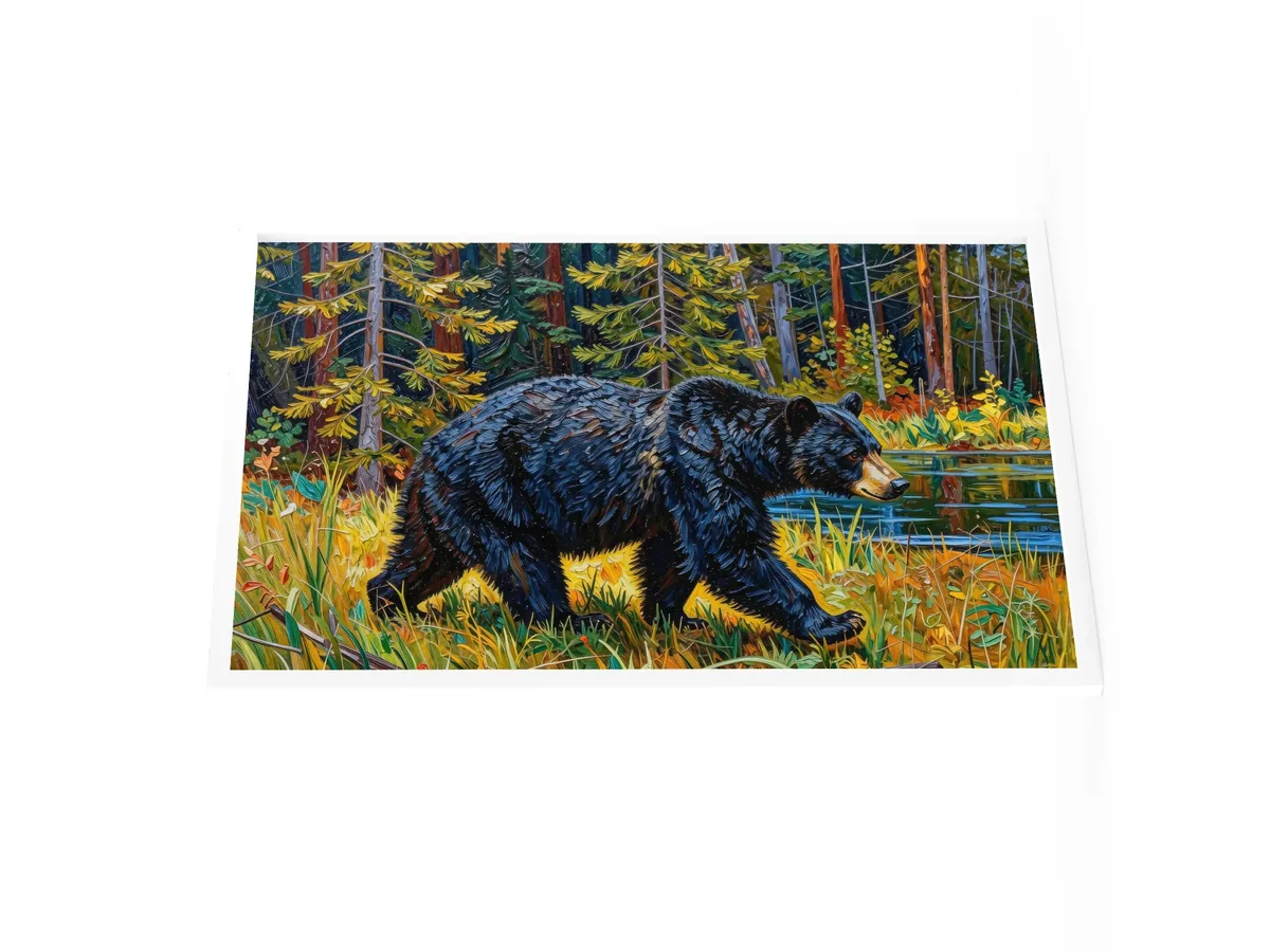 Black Bear at the Edge of the Woods as a 24 by 36 inch framed print in a white frame: a black bear walking out of the spruce at the edge of a lake through tall grass in evening sun, in bold oil-painting brushstrokes.