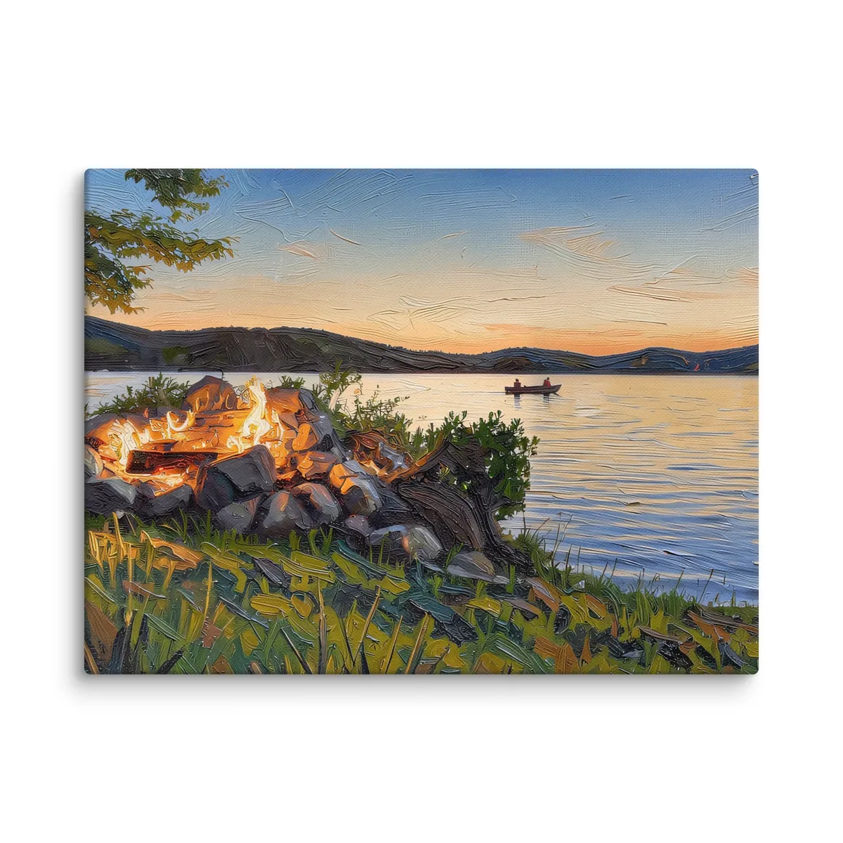 Campfire on the Shore as a canvas: a campfire in a ring of stacked stones on a grassy lakeshore at dusk, in bold oil-painting brushstrokes.