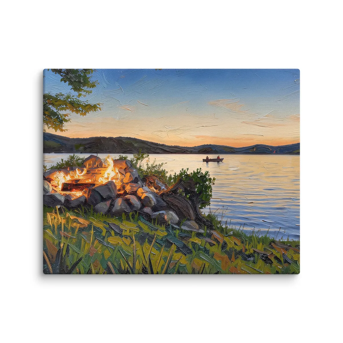 Campfire on the Shore as a canvas: a campfire in a ring of stacked stones on a grassy lakeshore at dusk, in bold oil-painting brushstrokes.