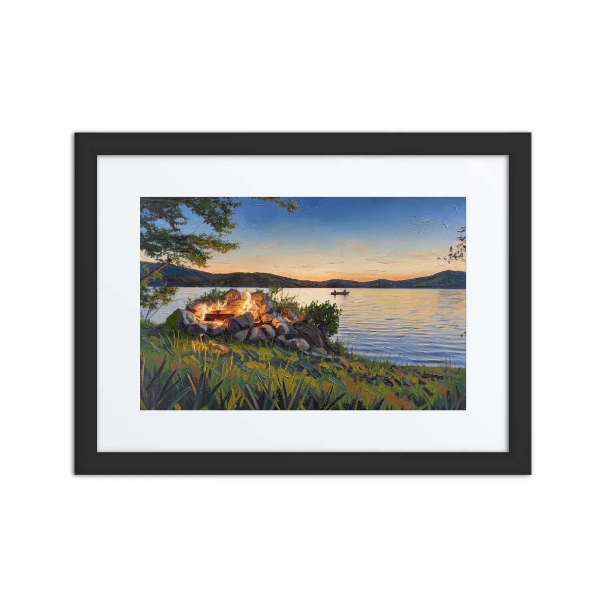 Campfire on the Shore as a framed print in a black frame: a campfire in a ring of stacked stones on a grassy lakeshore at dusk, in bold oil-painting brushstrokes.