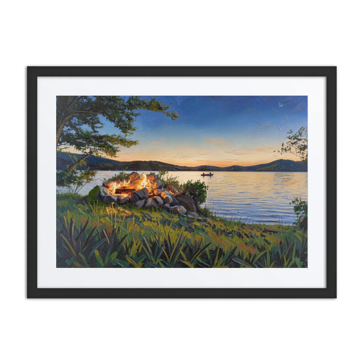 Campfire on the Shore as a framed print in a black frame: a campfire in a ring of stacked stones on a grassy lakeshore at dusk, in bold oil-painting brushstrokes.