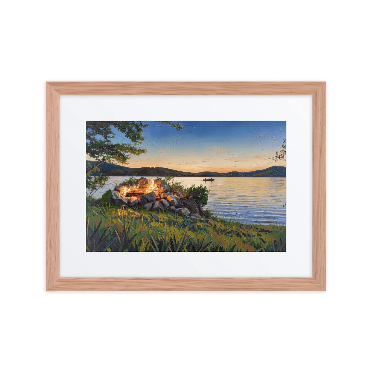 Campfire on the Shore as a framed print in a natural wood frame: a campfire in a ring of stacked stones on a grassy lakeshore at dusk, in bold oil-painting brushstrokes.