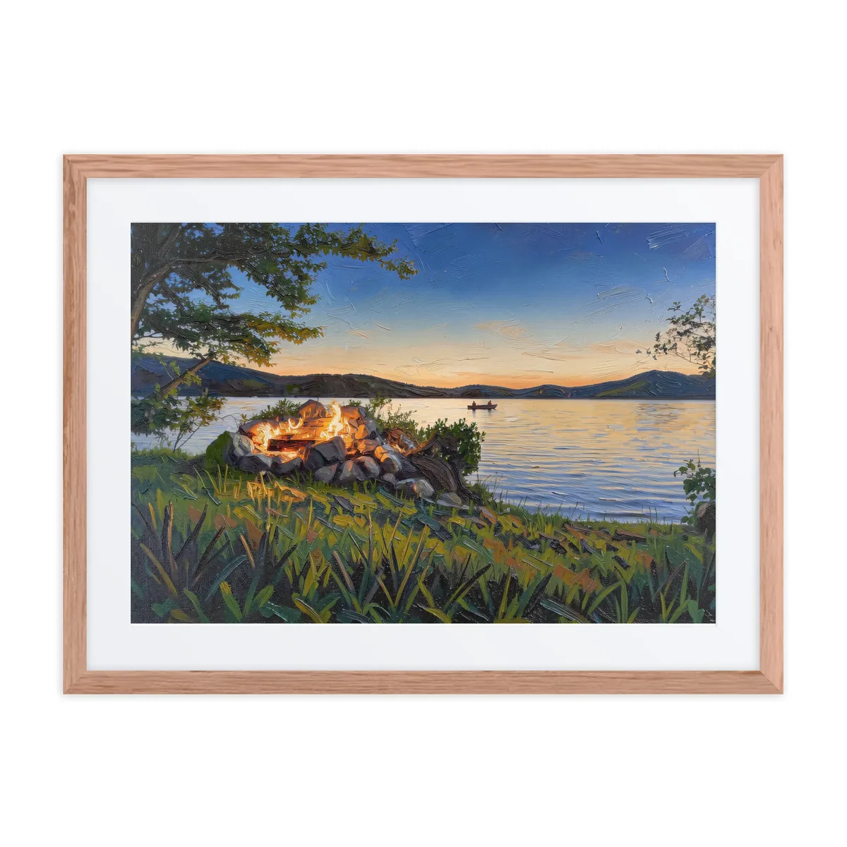 Campfire on the Shore as a framed print in a natural wood frame: a campfire in a ring of stacked stones on a grassy lakeshore at dusk, in bold oil-painting brushstrokes.