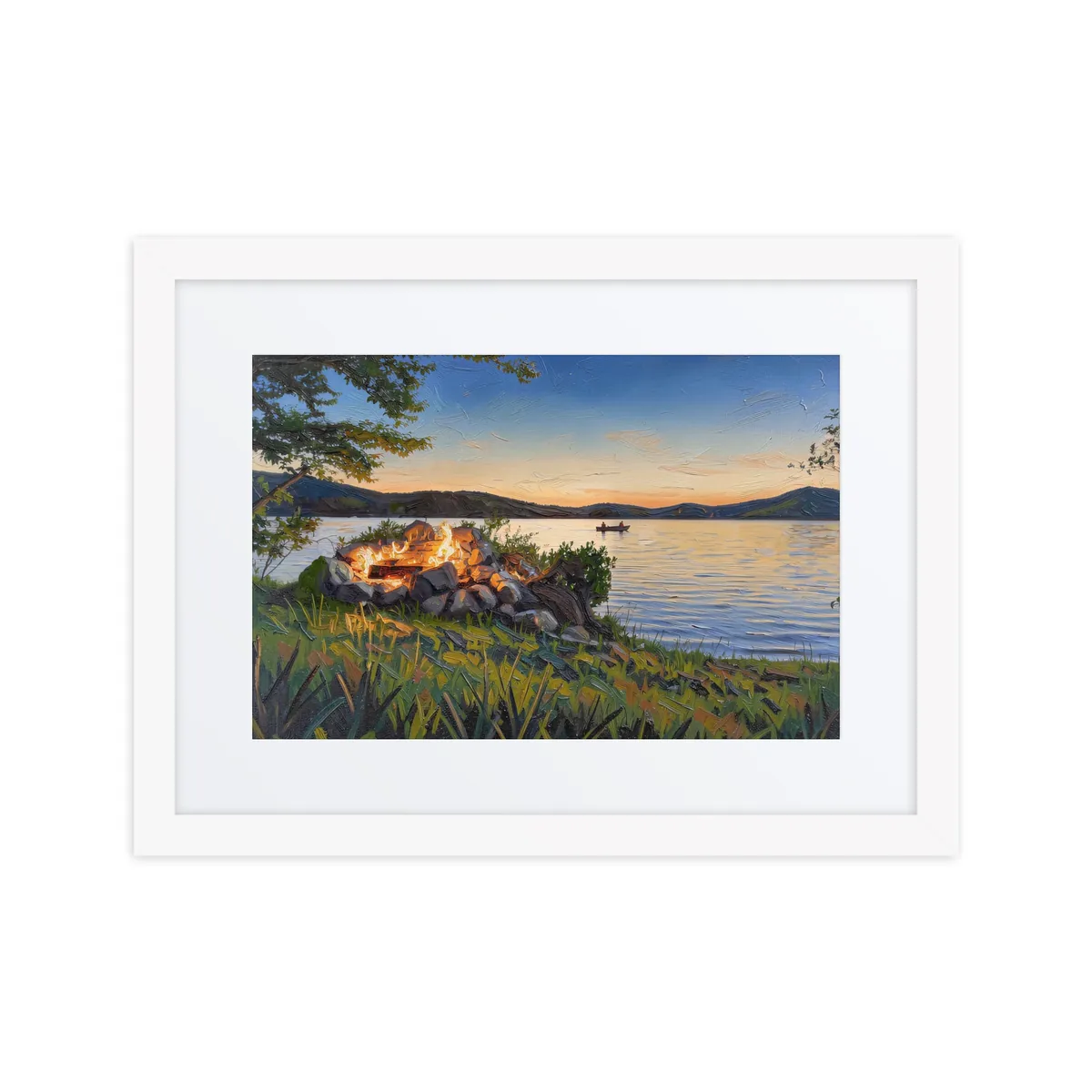 Campfire on the Shore as a framed print in a white frame: a campfire in a ring of stacked stones on a grassy lakeshore at dusk, in bold oil-painting brushstrokes.