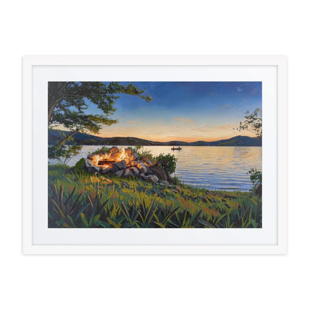 Campfire on the Shore as a framed print in a white frame: a campfire in a ring of stacked stones on a grassy lakeshore at dusk, in bold oil-painting brushstrokes.