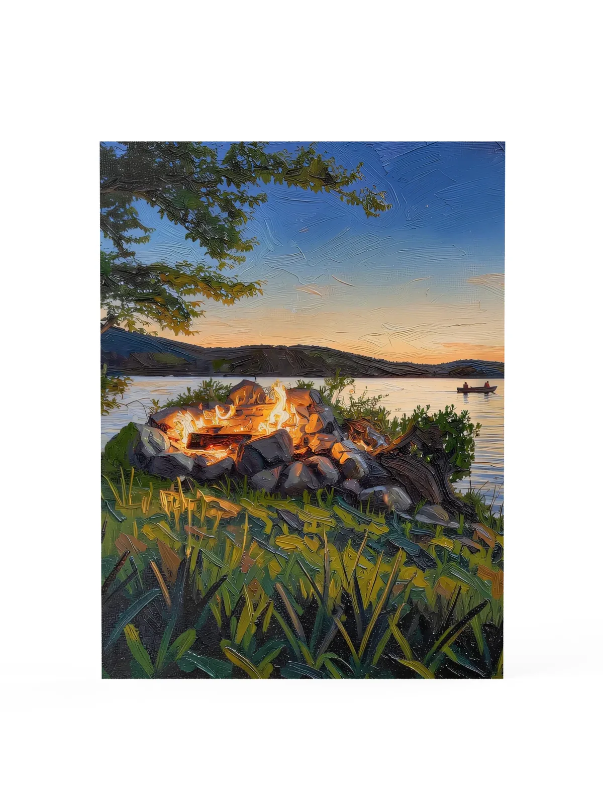Campfire on the Shore as a poster: a campfire in a ring of stacked stones on a grassy lakeshore at dusk, in bold oil-painting brushstrokes.