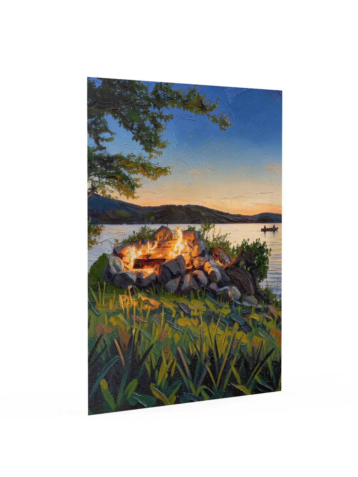 Campfire on the Shore as a poster: a campfire in a ring of stacked stones on a grassy lakeshore at dusk, in bold oil-painting brushstrokes.