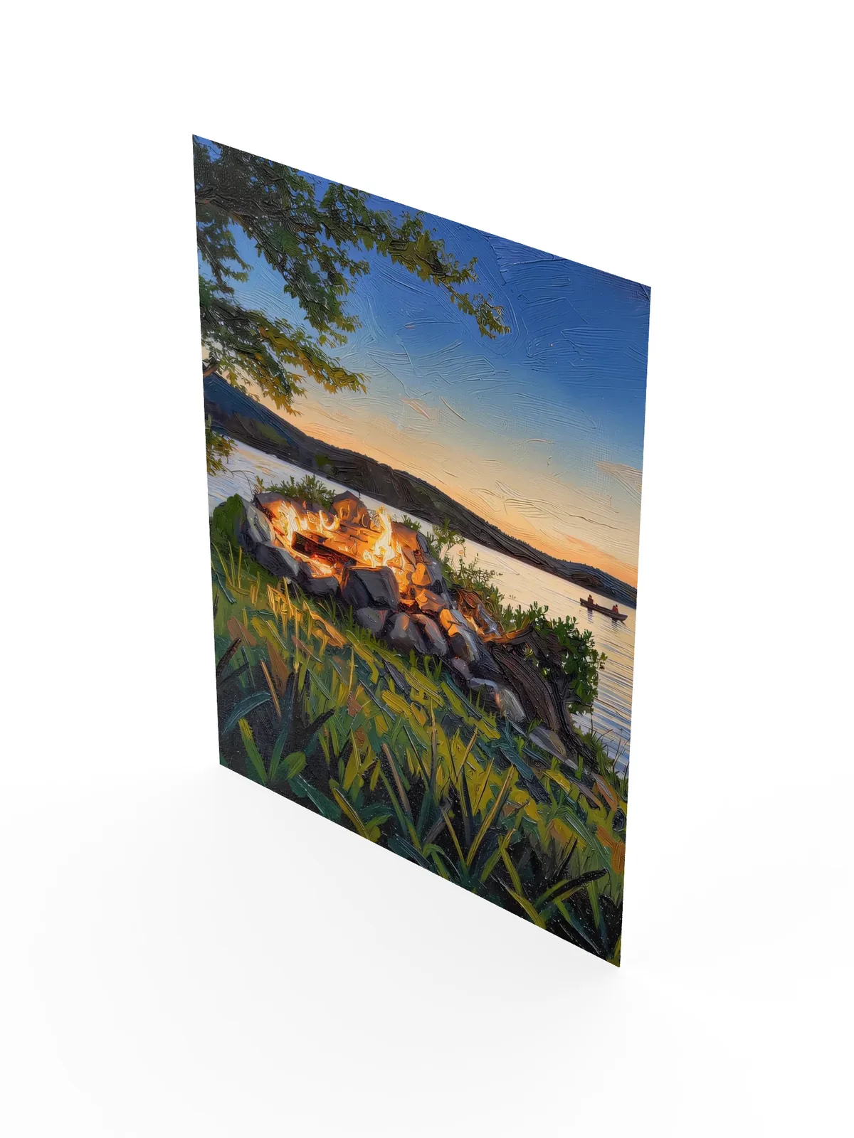 Campfire on the Shore as a poster: a campfire in a ring of stacked stones on a grassy lakeshore at dusk, in bold oil-painting brushstrokes.