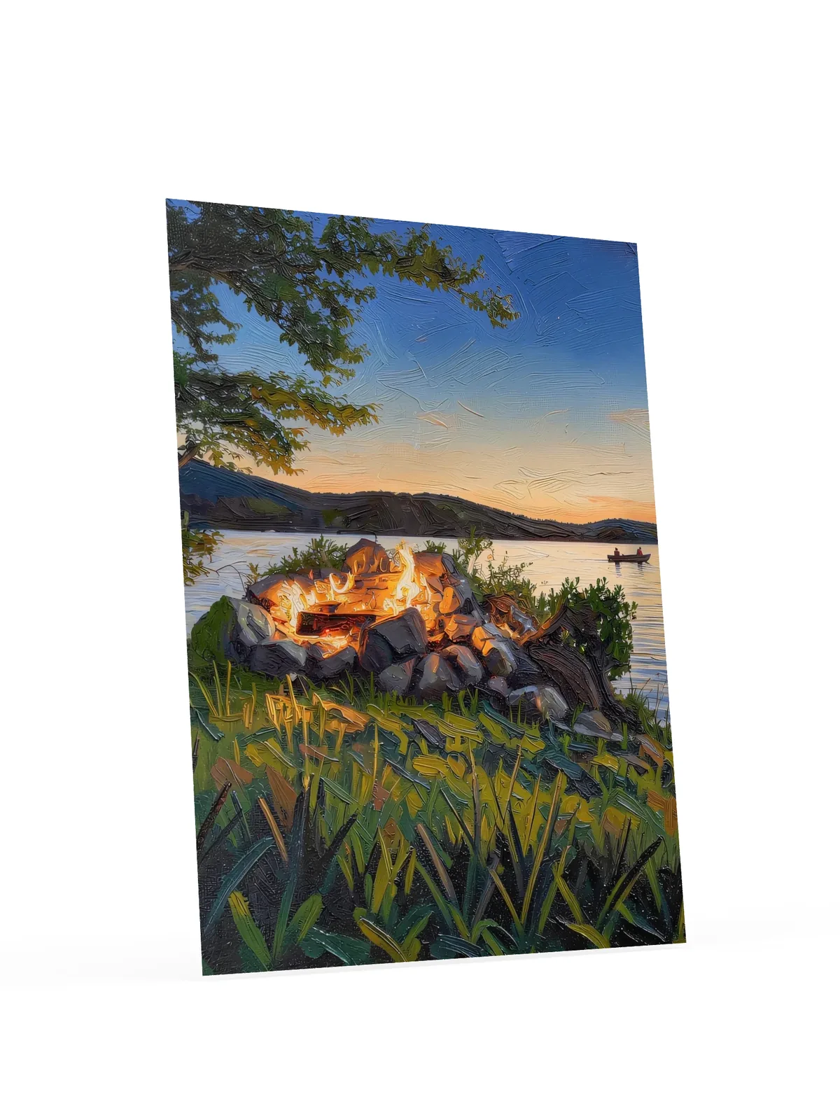 Campfire on the Shore as a poster: a campfire in a ring of stacked stones on a grassy lakeshore at dusk, in bold oil-painting brushstrokes.