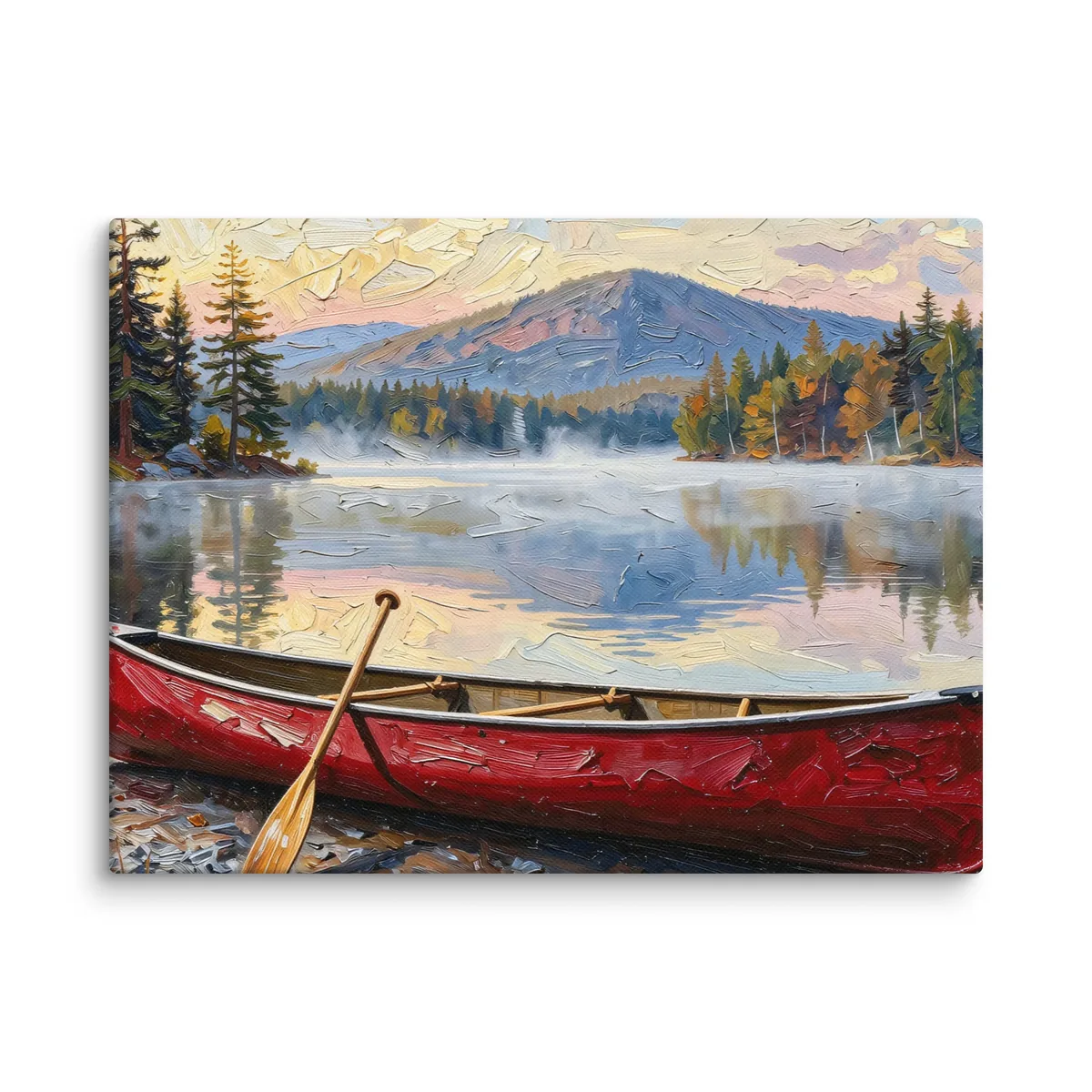 Canoe in Morning Mist as a 12 by 16 inch canvas: a red wooden canoe with a paddle leaning on it, on a lakeshore as morning mist lifts off a calm Adirondack lake below a mountain, in bold oil-painting brushstrokes.