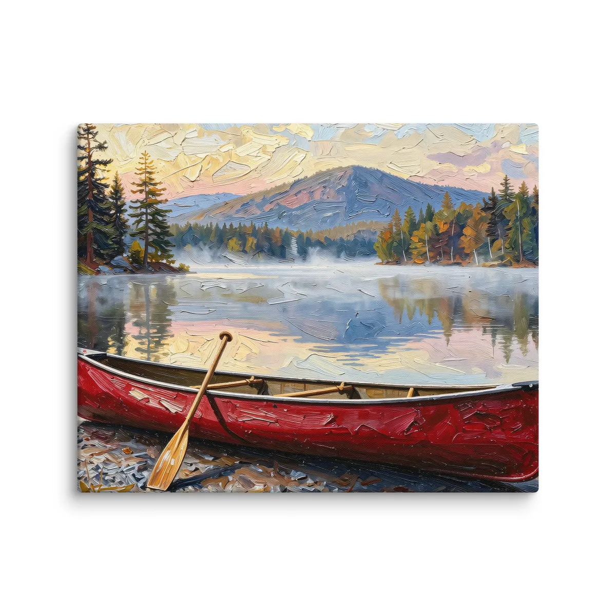 Canoe in Morning Mist as a 16 by 20 inch canvas: a red wooden canoe with a paddle leaning on it, on a lakeshore as morning mist lifts off a calm Adirondack lake below a mountain, in bold oil-painting brushstrokes.