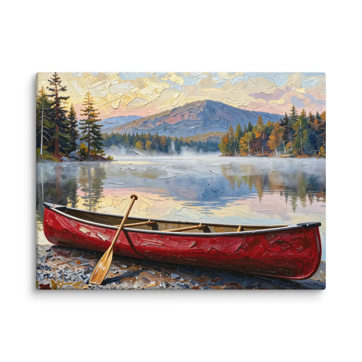 Canoe in Morning Mist as an 18 by 24 inch canvas: a red wooden canoe with a paddle leaning on it, on a lakeshore as morning mist lifts off a calm Adirondack lake below a mountain, in bold oil-painting brushstrokes.