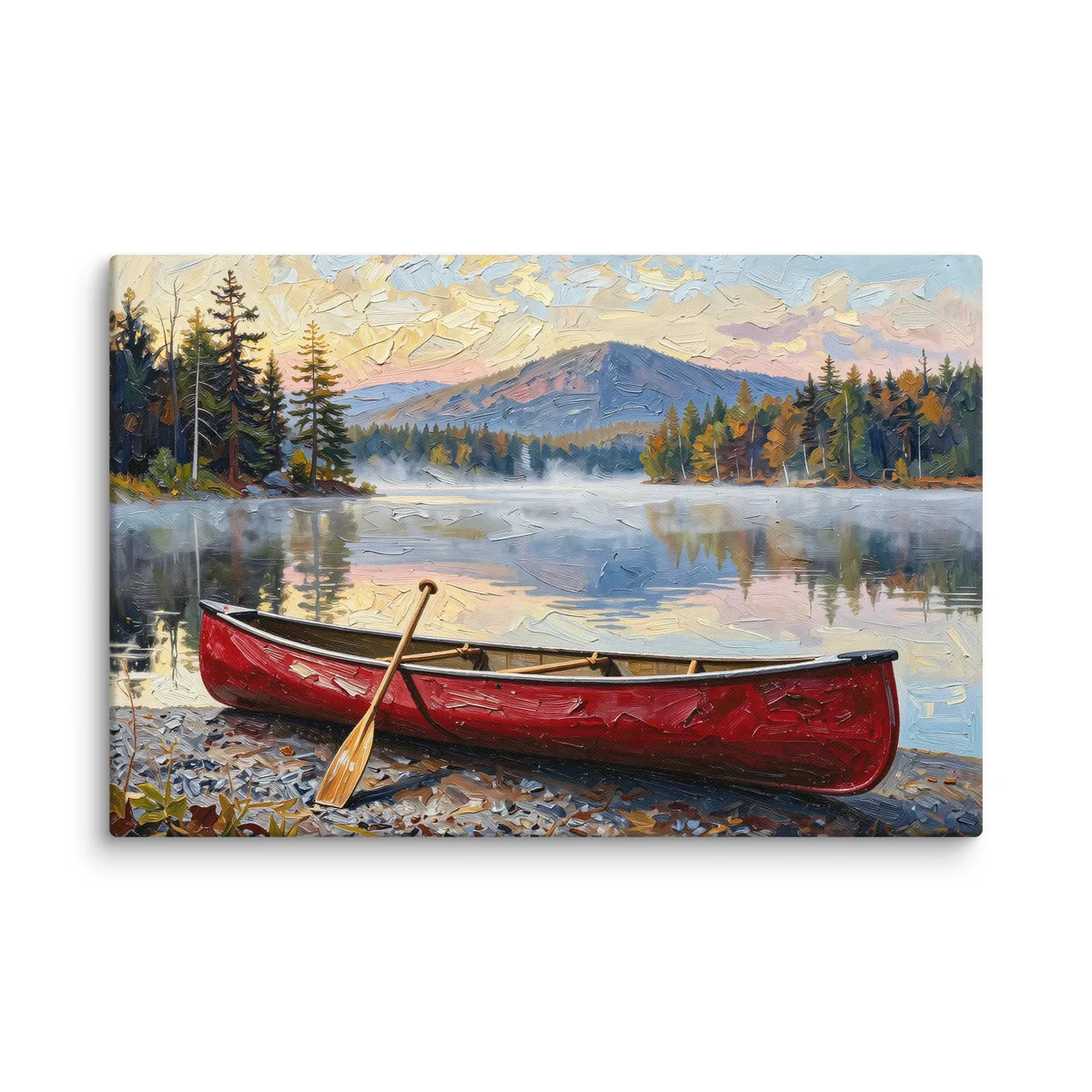 Canoe in Morning Mist as a 24 by 36 inch canvas: a red wooden canoe with a paddle leaning on it, on a lakeshore as morning mist lifts off a calm Adirondack lake below a mountain, in bold oil-painting brushstrokes.