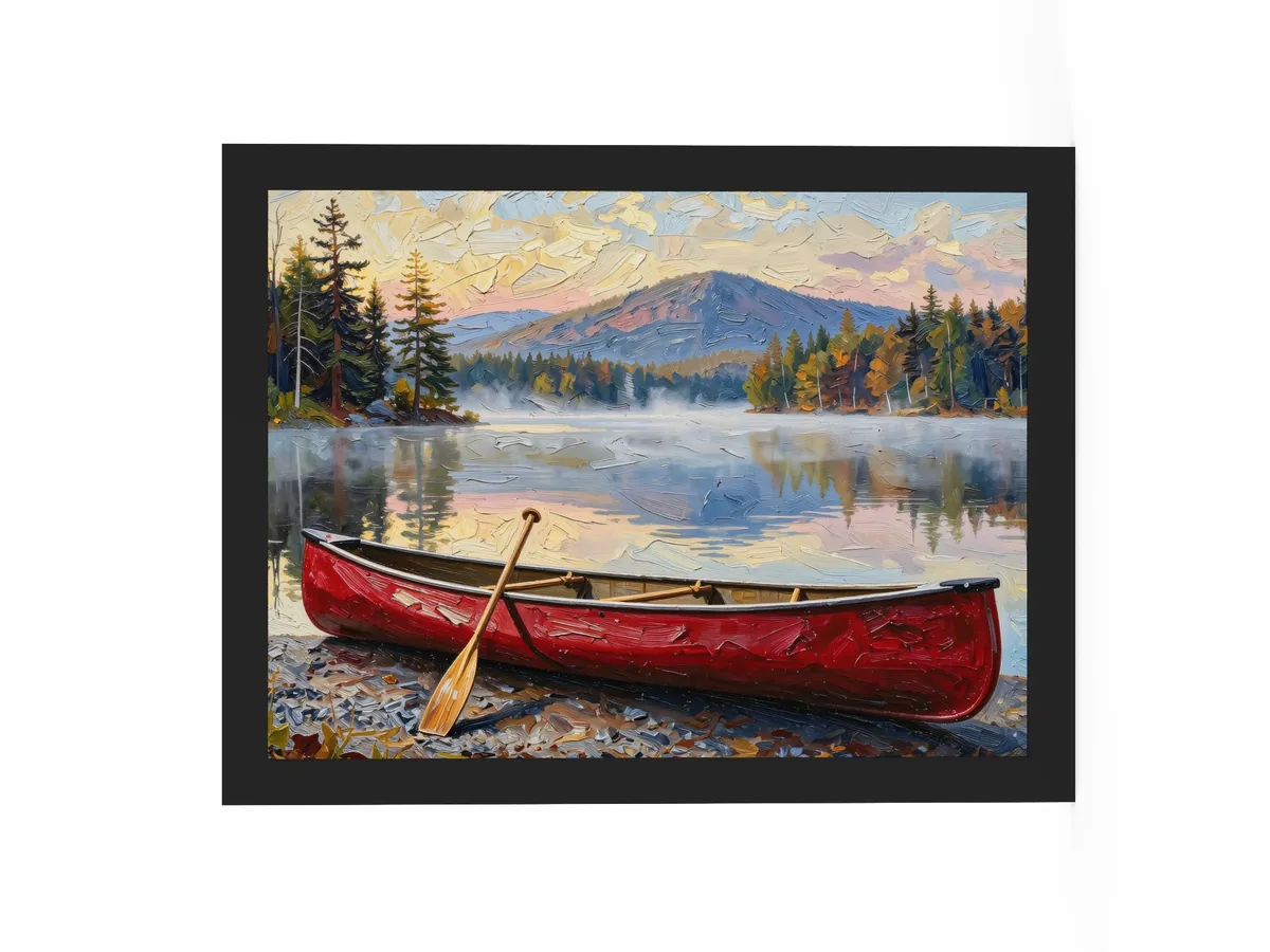 Canoe in Morning Mist as a 12 by 16 inch framed print in a black frame: a red wooden canoe with a paddle leaning on it, on a lakeshore as morning mist lifts off a calm Adirondack lake below a mountain, in bold oil-painting brushstrokes.