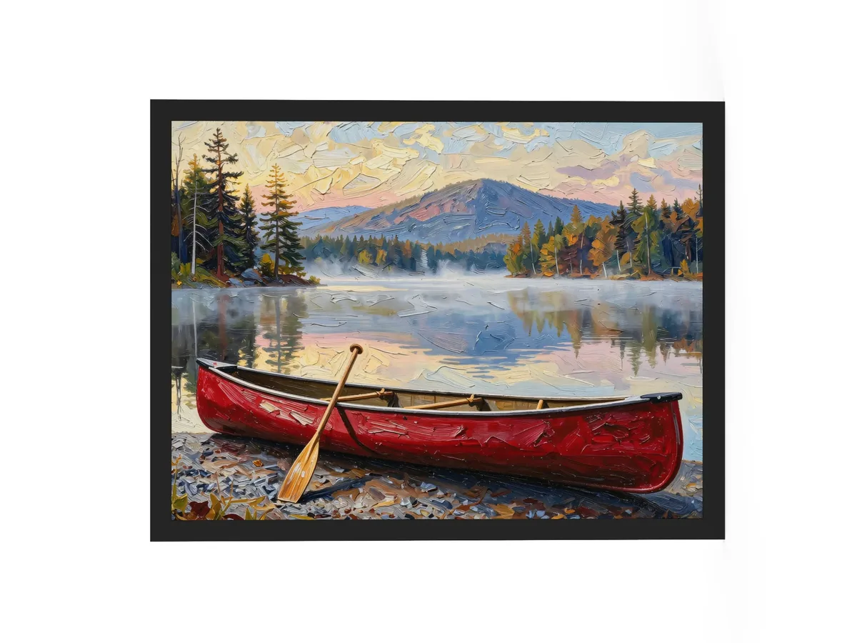 Canoe in Morning Mist as an 18 by 24 inch framed print in a black frame: a red wooden canoe with a paddle leaning on it, on a lakeshore as morning mist lifts off a calm Adirondack lake below a mountain, in bold oil-painting brushstrokes.