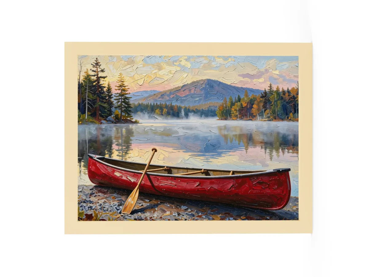 Canoe in Morning Mist as a 12 by 16 inch framed print in a natural wood frame: a red wooden canoe with a paddle leaning on it, on a lakeshore as morning mist lifts off a calm Adirondack lake below a mountain, in bold oil-painting brushstrokes.