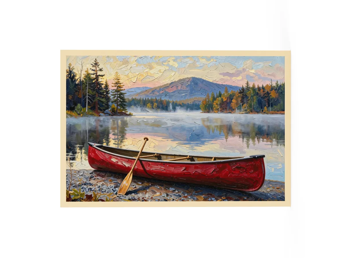 Canoe in Morning Mist as a 24 by 36 inch framed print in a natural wood frame: a red wooden canoe with a paddle leaning on it, on a lakeshore as morning mist lifts off a calm Adirondack lake below a mountain, in bold oil-painting brushstrokes.