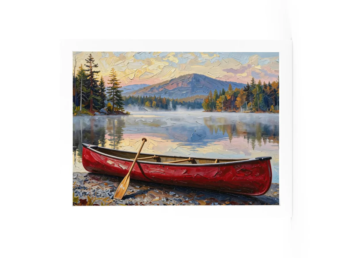 Canoe in Morning Mist as a 12 by 16 inch framed print in a white frame: a red wooden canoe with a paddle leaning on it, on a lakeshore as morning mist lifts off a calm Adirondack lake below a mountain, in bold oil-painting brushstrokes.