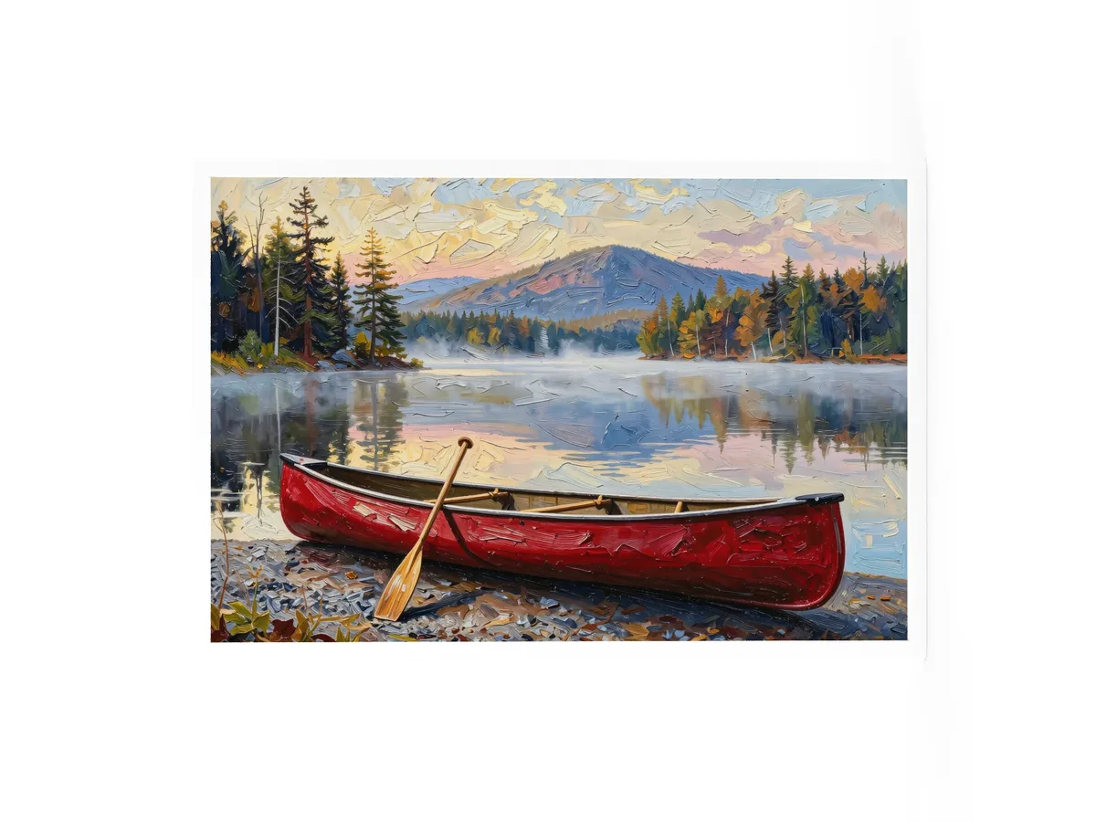 Canoe in Morning Mist as a 24 by 36 inch framed print in a white frame: a red wooden canoe with a paddle leaning on it, on a lakeshore as morning mist lifts off a calm Adirondack lake below a mountain, in bold oil-painting brushstrokes.