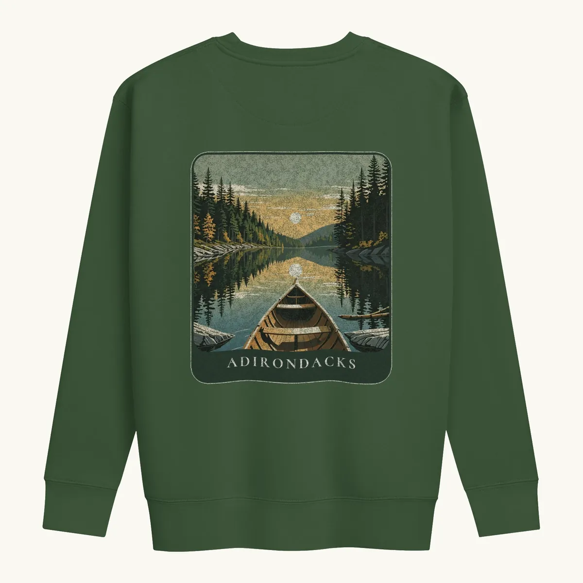 Canoe Sunset Crewneck in Forest Green, back: the bow of a wooden canoe on an Adirondack lake at sunset, Adirondacks.