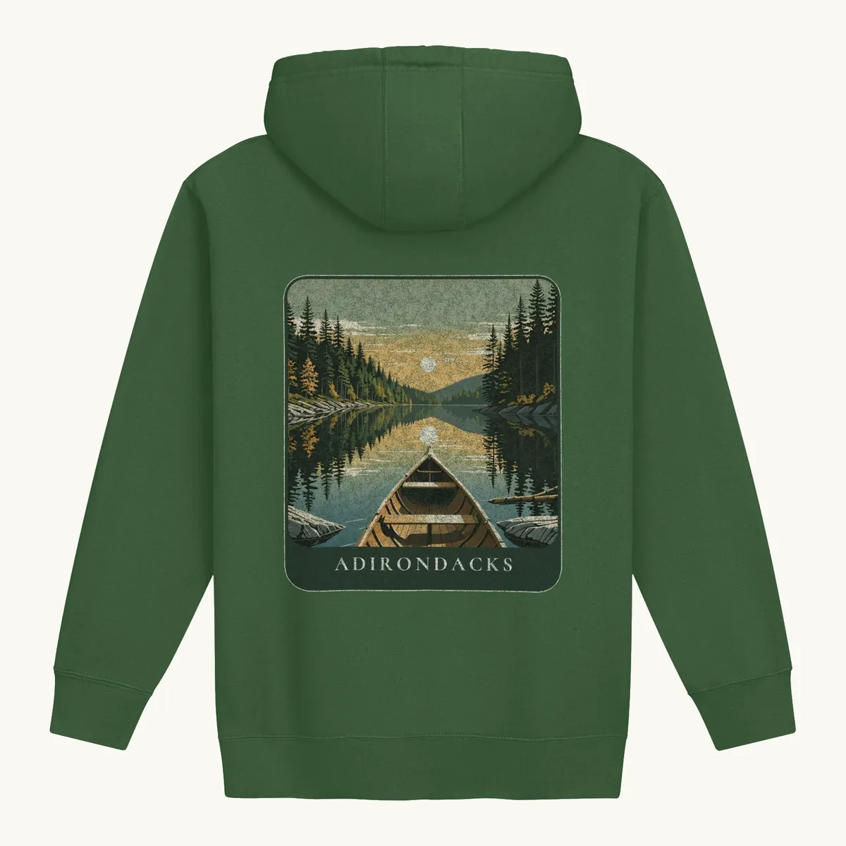 Canoe Sunset Hoodie in Forest Green, back: the bow of a wooden canoe on an Adirondack lake at sunset, Adirondacks.
