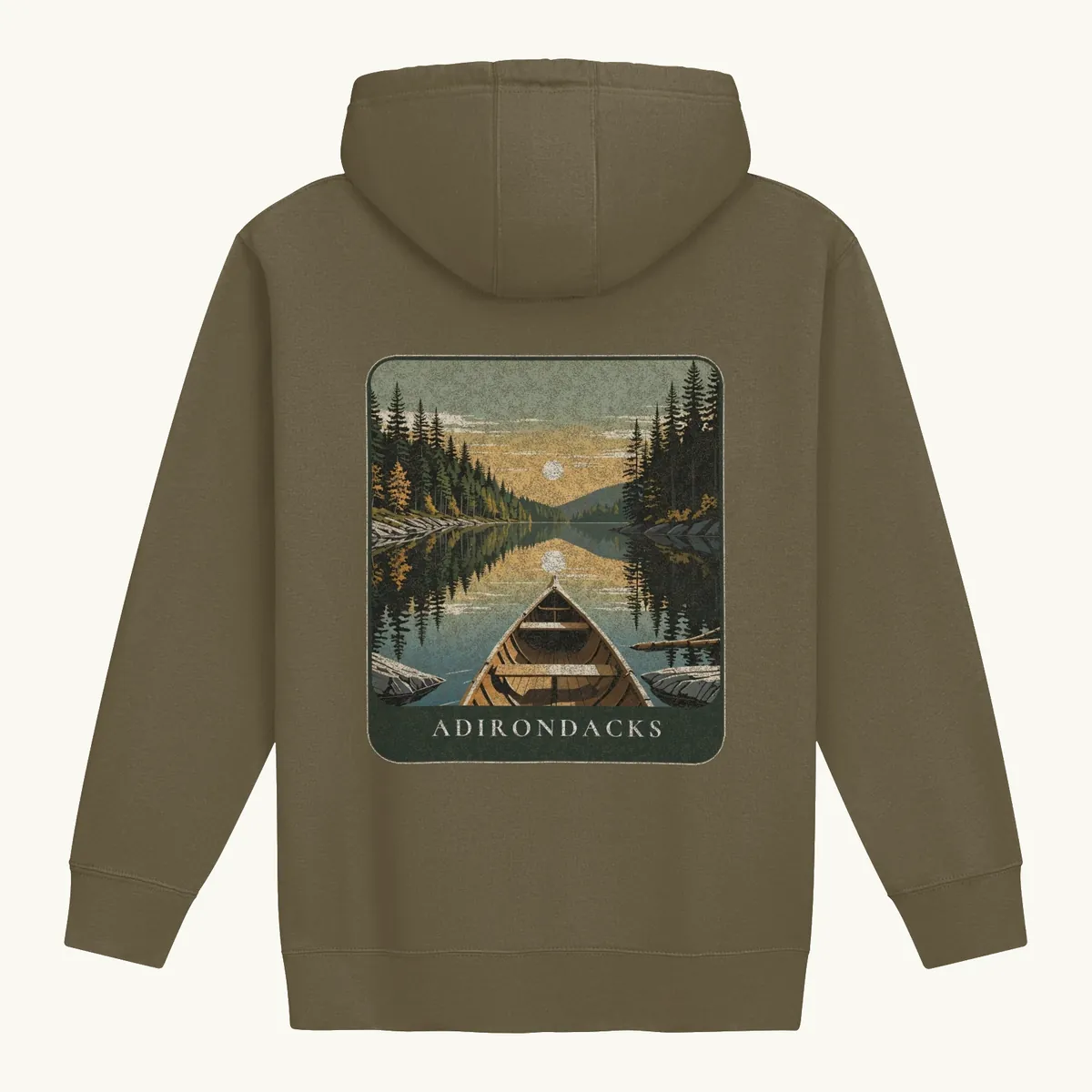 Canoe Sunset Hoodie in Military Green, back: the bow of a wooden canoe on an Adirondack lake at sunset, Adirondacks.
