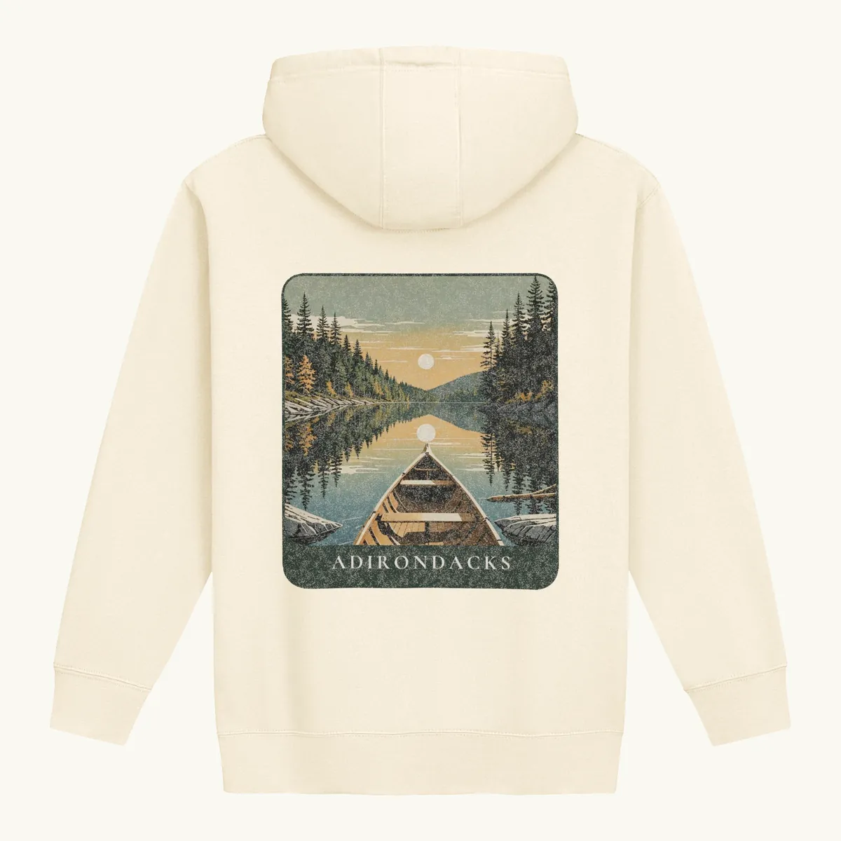Canoe Sunset Hoodie in Bone, back: the bow of a wooden canoe on an Adirondack lake at sunset, Adirondacks.