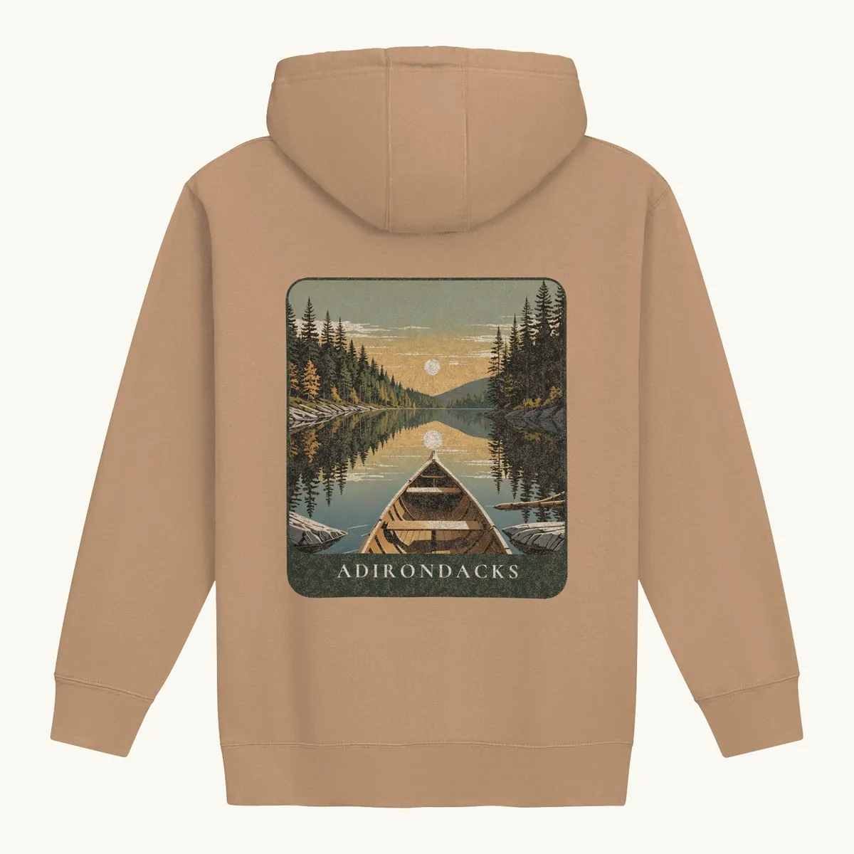Canoe Sunset Hoodie in Latte, back: the bow of a wooden canoe on an Adirondack lake at sunset, Adirondacks.