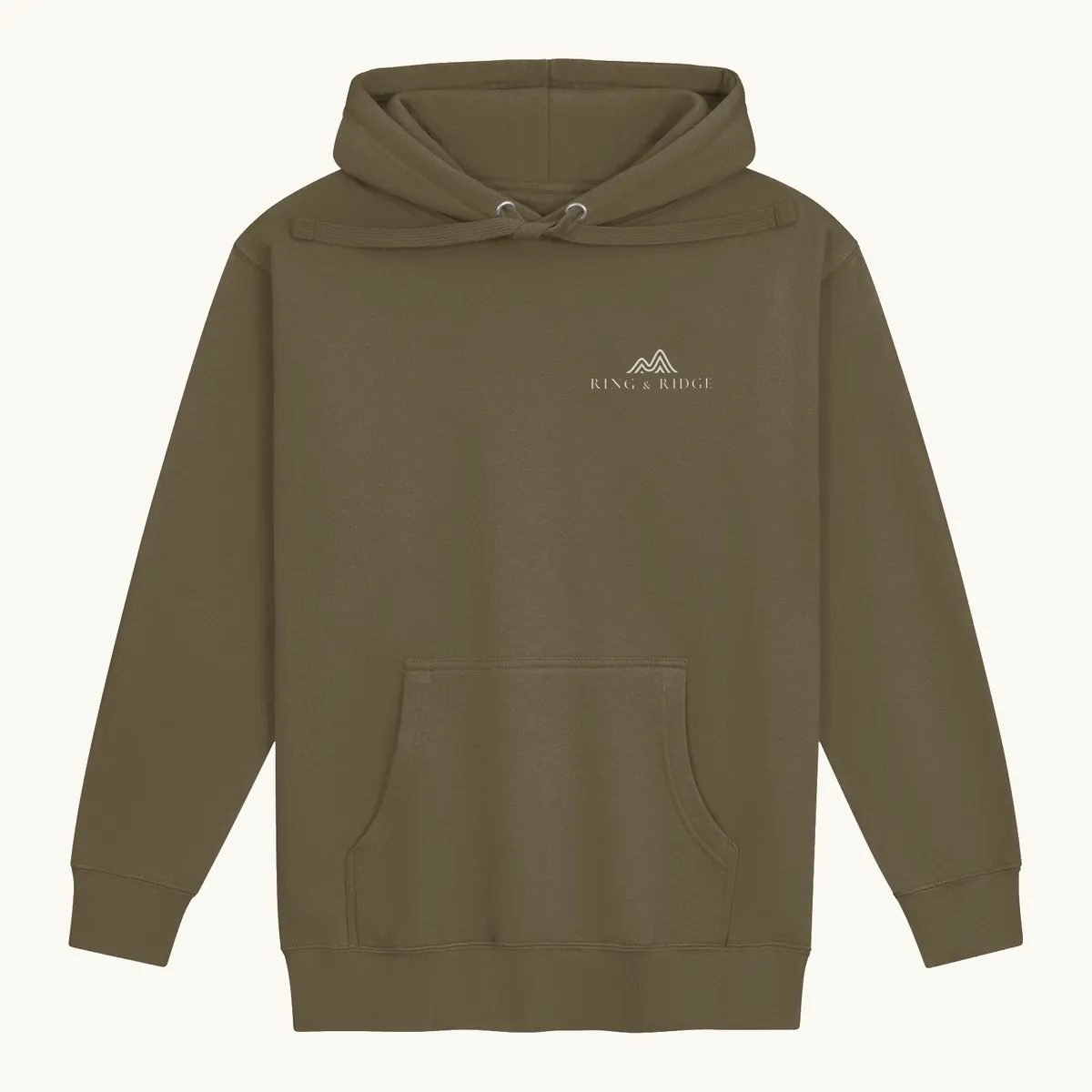 Canoe Sunset Hoodie in Military Green, front: the bow of a wooden canoe on an Adirondack lake at sunset, Adirondacks.