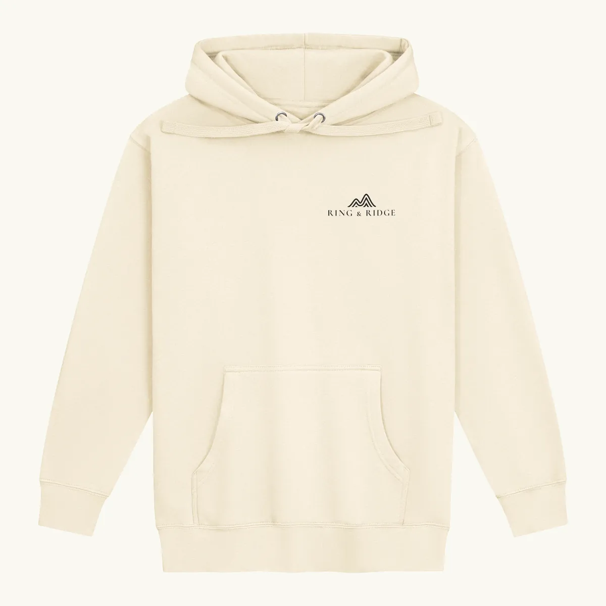 Canoe Sunset Hoodie in Bone, front: the bow of a wooden canoe on an Adirondack lake at sunset, Adirondacks.