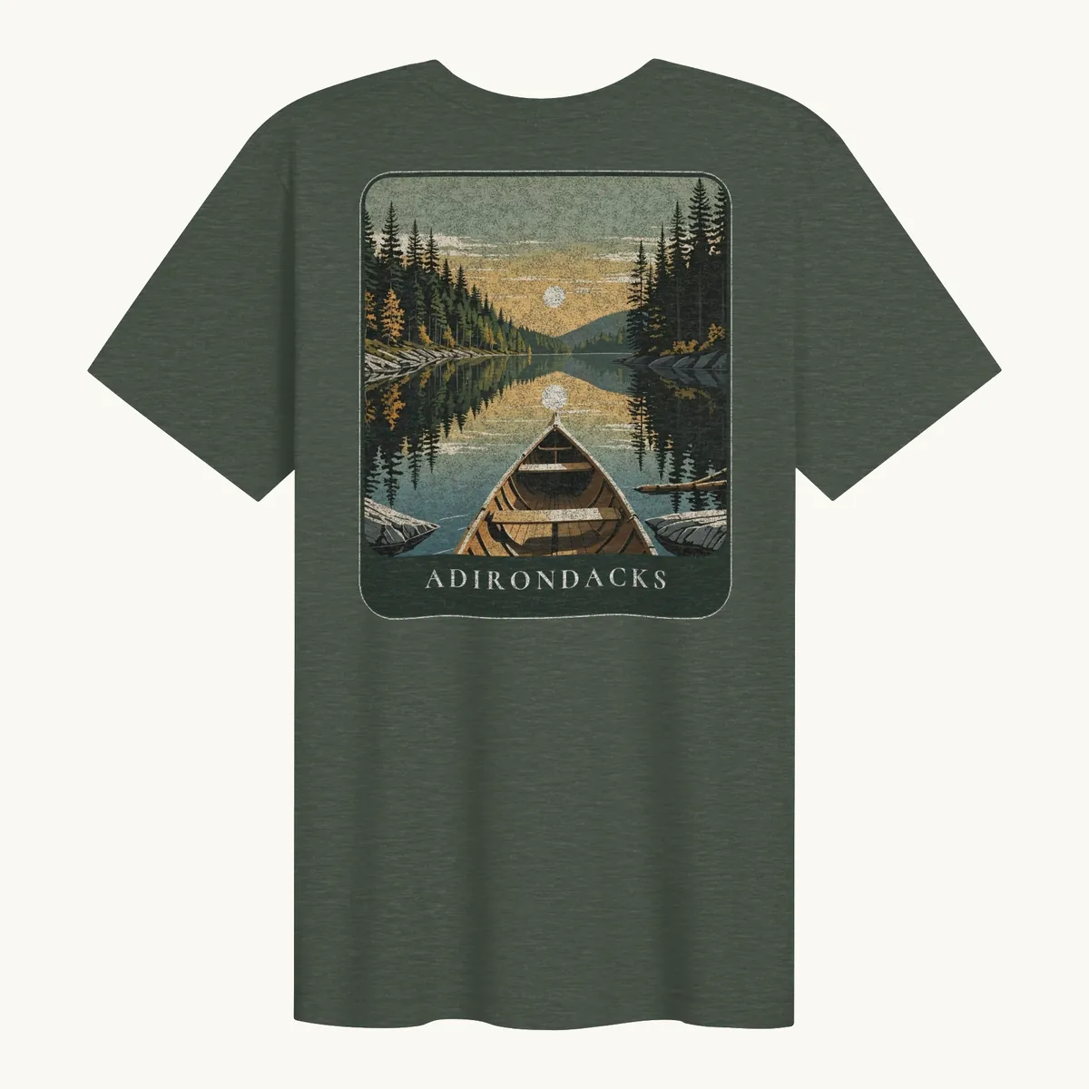 Canoe Sunset Tee in Heather Forest, back: the bow of a wooden canoe on an Adirondack lake at sunset, Adirondacks.