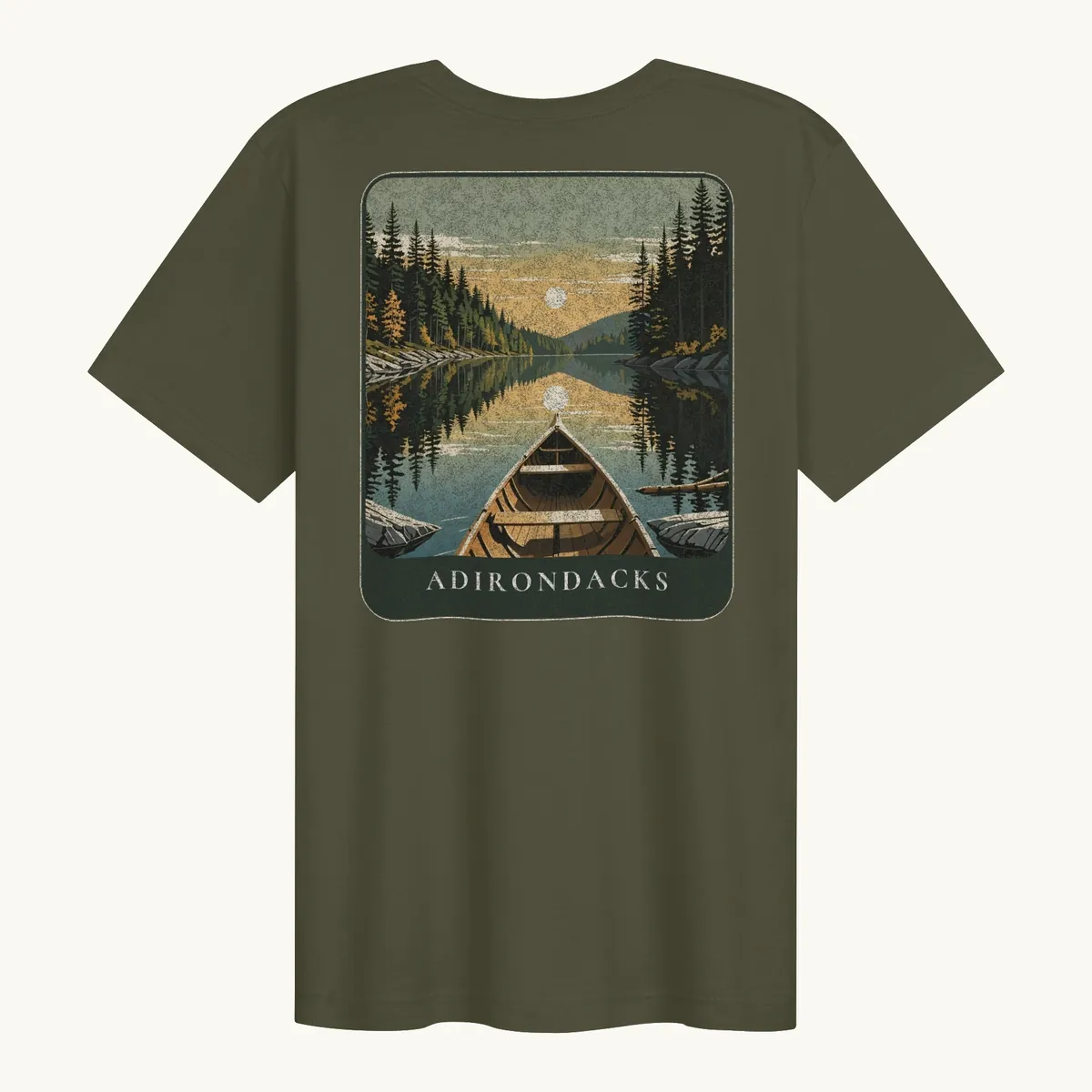 Canoe Sunset Tee in Military Green, back: the bow of a wooden canoe on an Adirondack lake at sunset, Adirondacks.