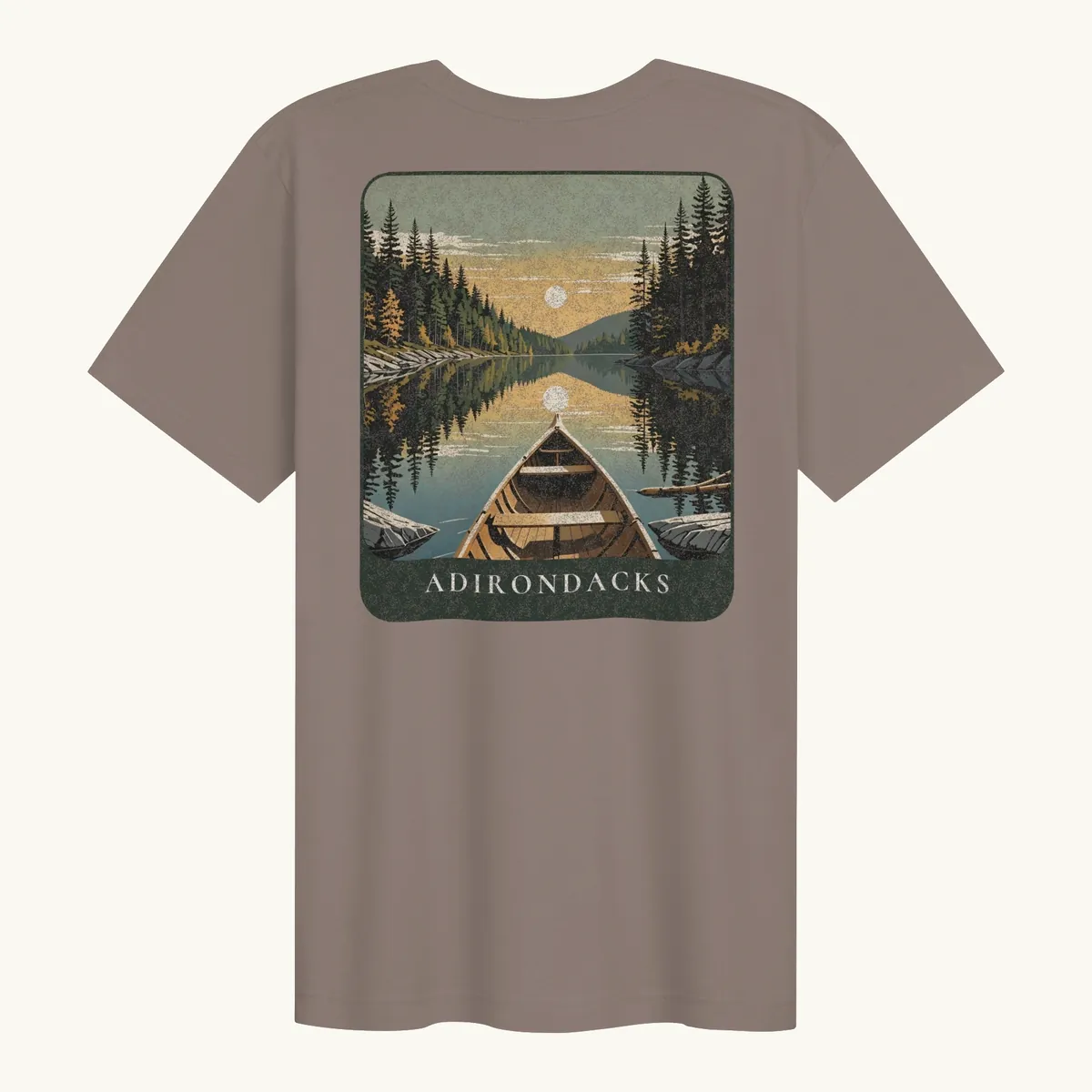 Canoe Sunset Tee in Pebble, back: the bow of a wooden canoe on an Adirondack lake at sunset, Adirondacks.