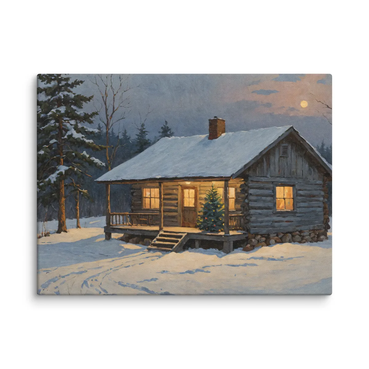 Christmas Tree on the Camp Porch as a 12 by 16 inch canvas: a snowy Adirondack log camp at dusk with a lit Christmas tree on the porch, in a traditional oil-painting style.
