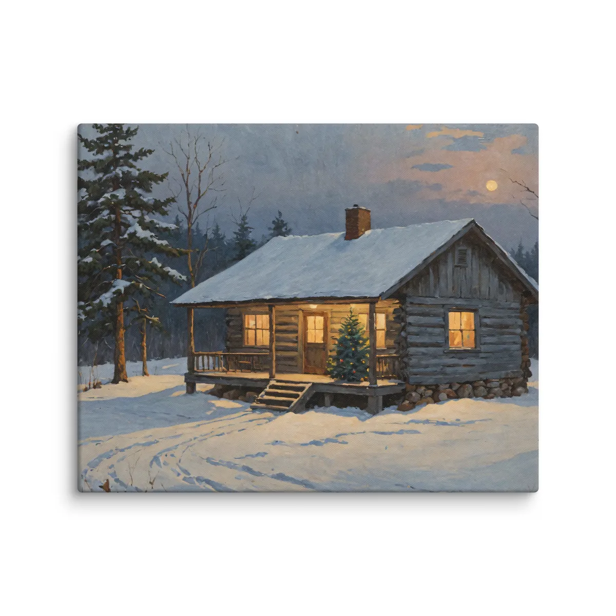 Christmas Tree on the Camp Porch as a 16 by 20 inch canvas: a snowy Adirondack log camp at dusk with a lit Christmas tree on the porch, in a traditional oil-painting style.
